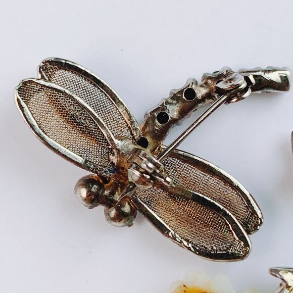 VTG Lot of 3 Mid Century Brooches Rhinestone Enamel Insect Floral Pins - Picture 11 of 16